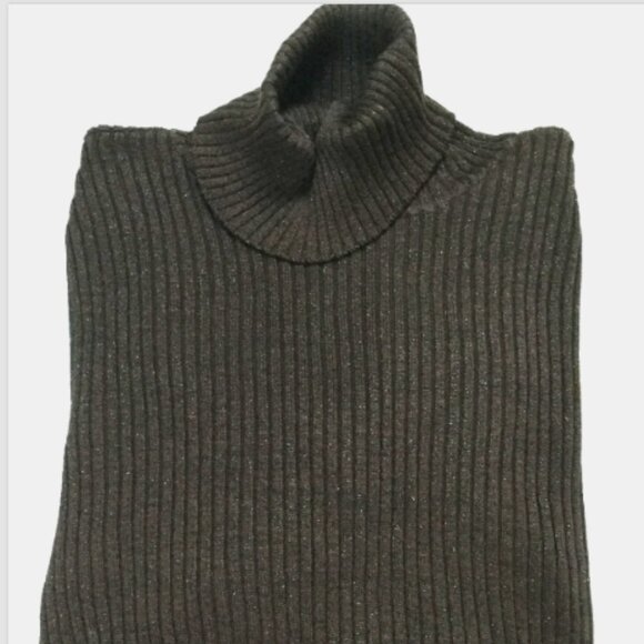 Tahari Women Size P Turtleneck Sweater Dark Brown Sparkle Ribbed Knit 97% Silk - Picture 3 of 11
